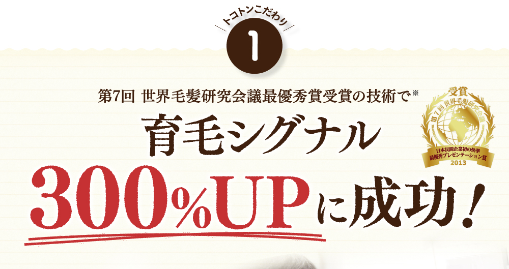 世界毛髪研究会議最優秀賞受賞の技術で育毛シグナル３００％UPに成功！