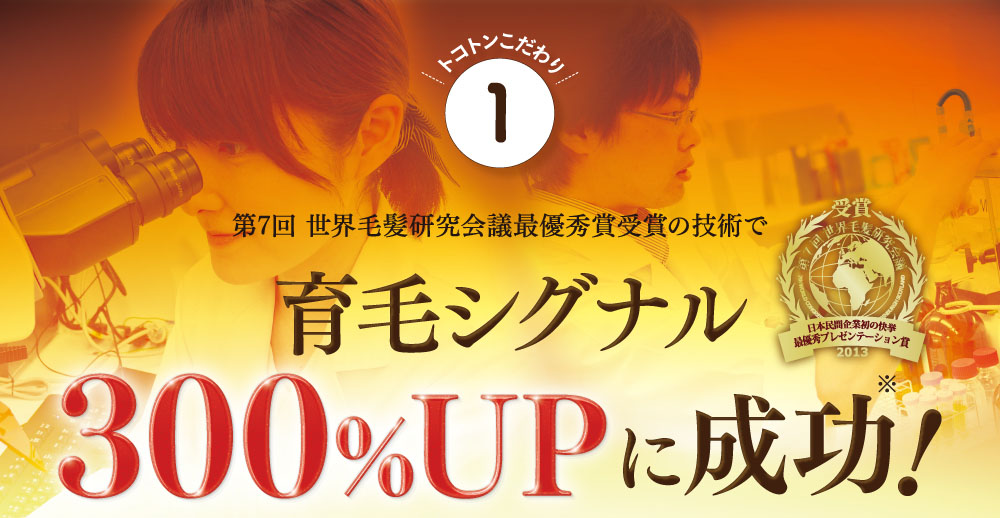 トコトンこだわり1．第7回世界毛髪研究会議最優秀賞受賞の技術で育毛シグナル300%UPに成功