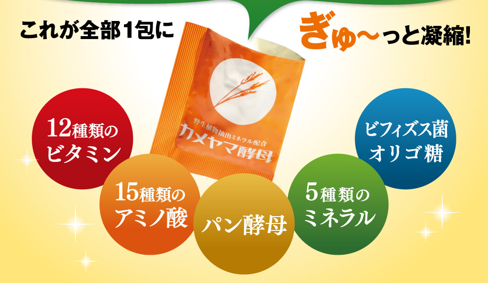 12種類のビタミン、15種類のアミノ酸、パン酵母、5種類のミネラル、ビフィズス菌オリゴ糖がこの1包にぎゅっと凝縮
