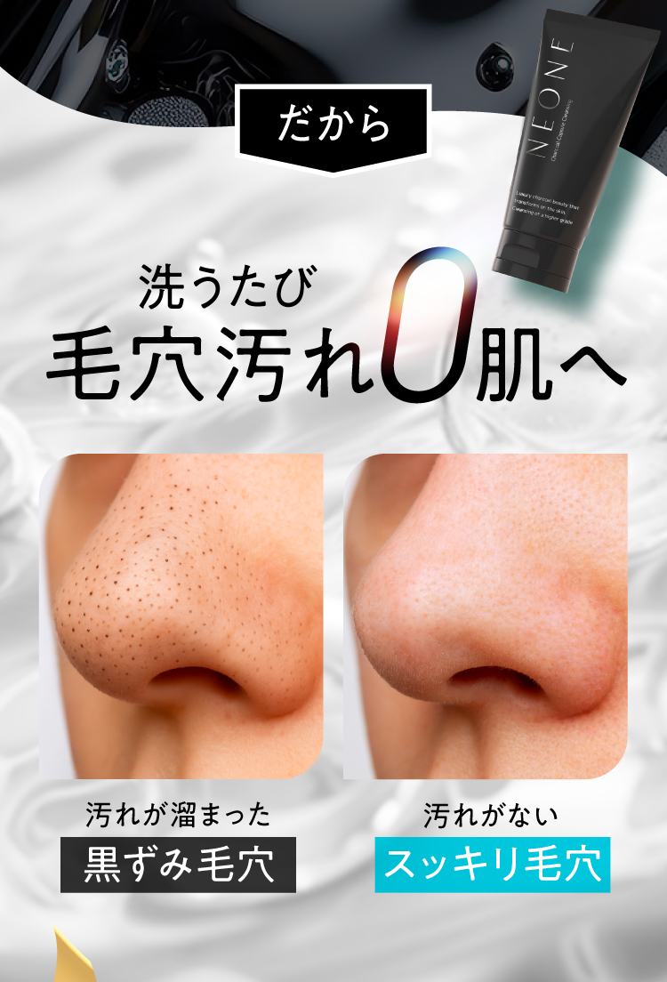 洗うたびに毛穴汚れ0肌へ汚れが溜まった黒ずみ毛穴、汚れが無いスッキリ毛穴