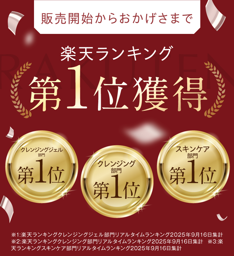 NEONEネオネ楽天ランキング第1位獲得、クレンジングジェル部門第1位、クレンジング部門第1位、スキンケア部門第1位