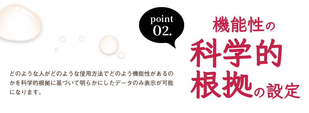 point02、科学的根拠の設定。どのような人がどのような使用訪欧でどのような機能性があるのかを科学的根拠に基づいて明らかにしたデータのみ表示が可能になります。