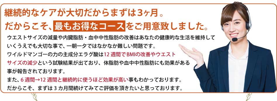 ウエストサイズの減量や内臓脂肪・血中中性脂肪の改善はあなたの健康的な生活を維持していくうえでも大切な事で、一朝一夕ではなかなか難しい問題です。ワイルドマンゴーの力の主成分エラグ酸は12週間でBMIの改善やウエストサイズの減少という試験結果が出ており、体脂肪や血中中性脂肪にも効果がある事が報告されております。また、6週間→12週間と継続的に使うほど効果が高い事もわかっております。だからこそ、まずは3カ月間続けてみてご評価を頂きたいと思っております。