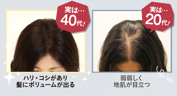 実は40代！ハリ・コシがあり髪にボリュームが出る。実は20代！弱弱しく地肌が目立つ。