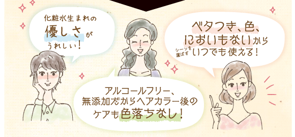 だから、化粧水生まれのやさしさが嬉しい！アルコールフリー無添加だからヘアカラー後のケアも色落ちなし！べたつき、色、においもないからいつでも使える！