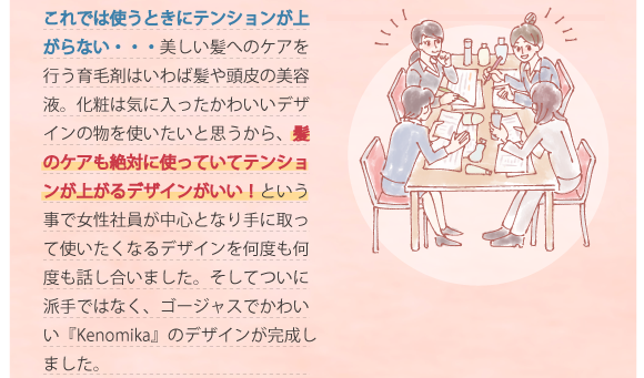 美しい髪のケアを行う育毛剤はいわば髪や頭皮の美容液。美しい髪のケアを行う育毛剤のデザインも美しいものが喜ばれる。という事でデザインの話し合いを何度も繰り返しゴージャスでかわいい「Kenomika～ケノミカ～」のデザインが完成しました。