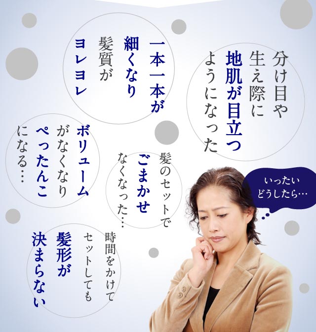 分け目や生え際に地肌が目立つようになった。一本一本がほそくなり髪質がヨレヨレ