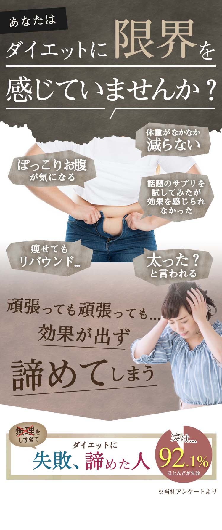 あなたはダイエットに限界を感じていませんか？体重がなかなか減らない、ぽっこりお腹が気になる、話題のサプリを試してみたが効果を感じられなかった、痩せてもリバウンド、太ったといわれる。頑張っても効果が出ずに諦めてしまう。